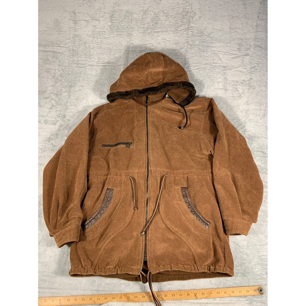 Nike Men's Jacket L Brown Leather-look Pocket Trim Zip Fleece Full Pockets